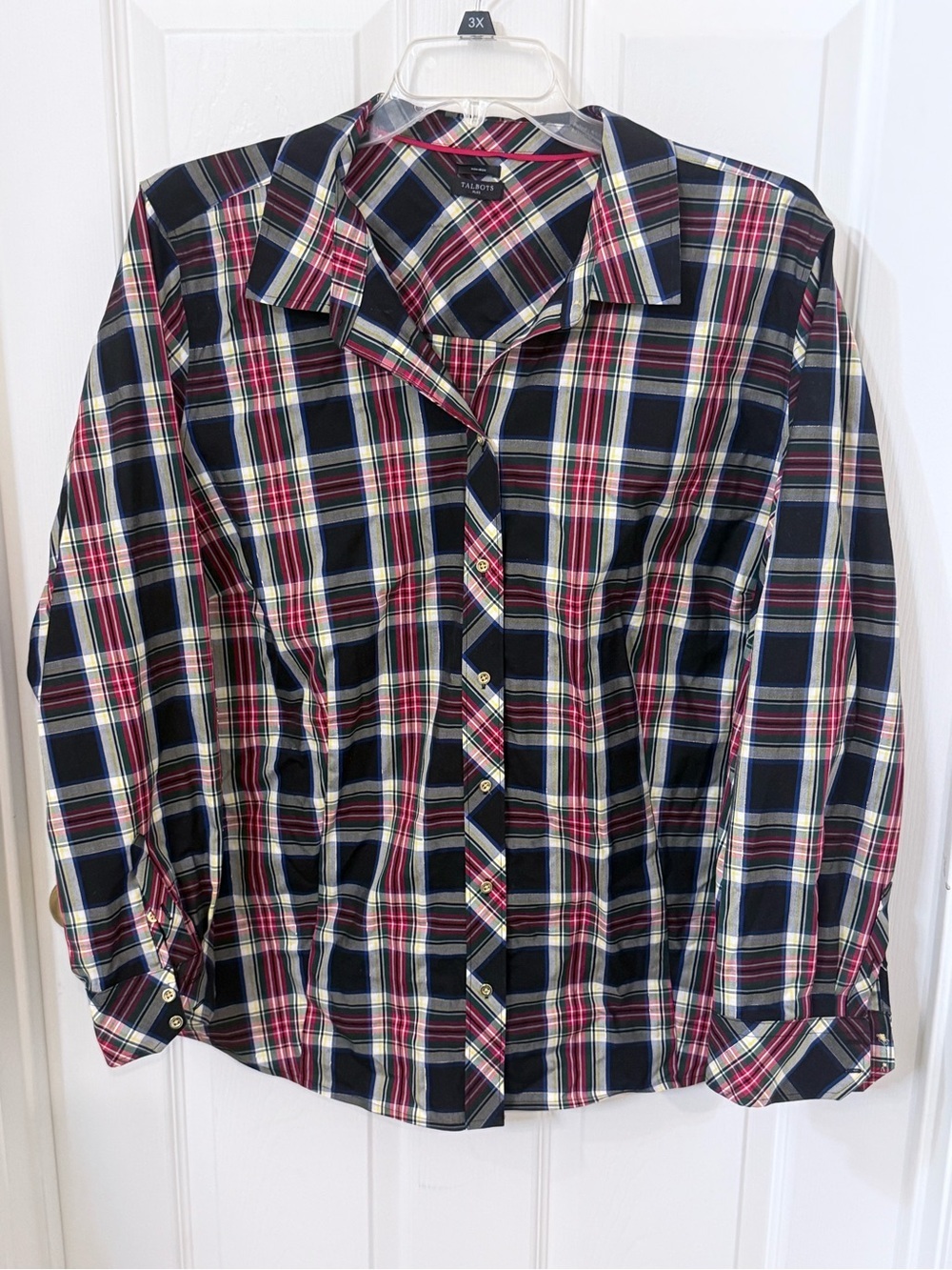 Talbots Navy Plaid Button-Down Shirt with Red and White Accents